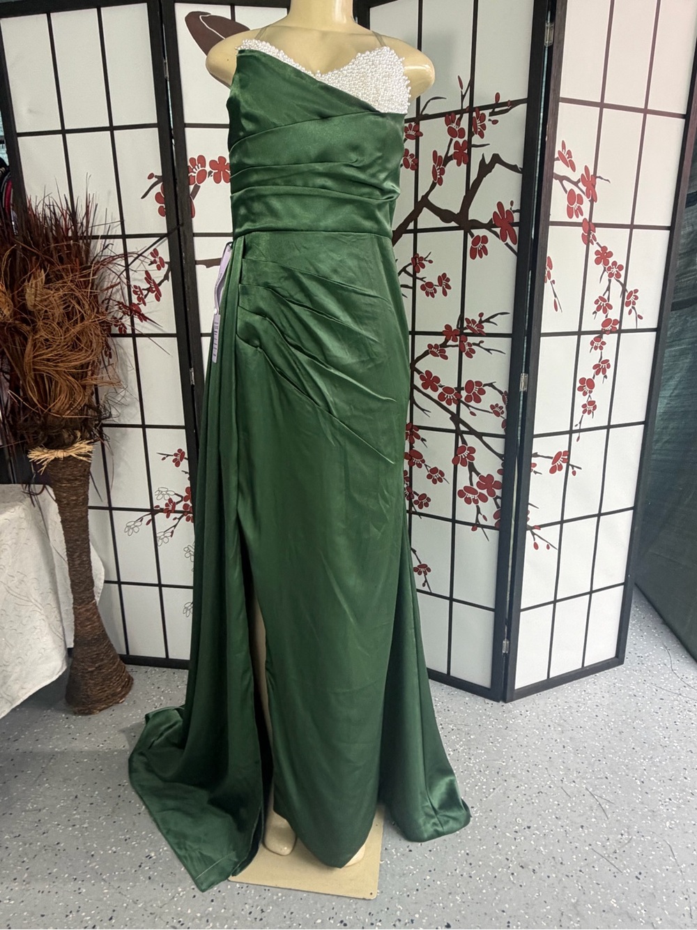 Beaded Emerald Green Satin Prom Gown - Picture 6 of 9